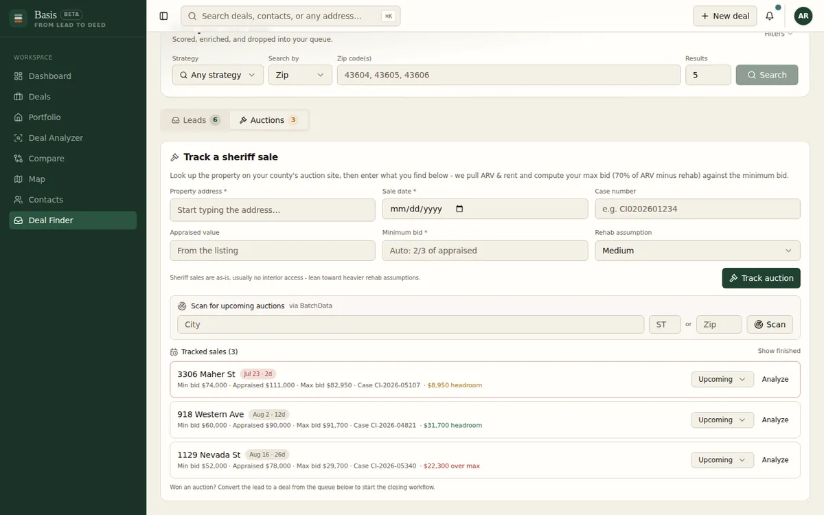 Sheriff sale / auction tracking panel with headroom calculation